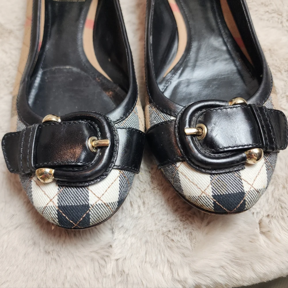 Burberry Beige Quilted Nova Check Canvas Leather Buckle Ballet Flats Shoes EU 39